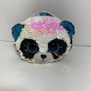 Ty Sequin Panda Face Bag Purse 8”‎ Reversible Sparkle Sequins Plush Blue Eyes